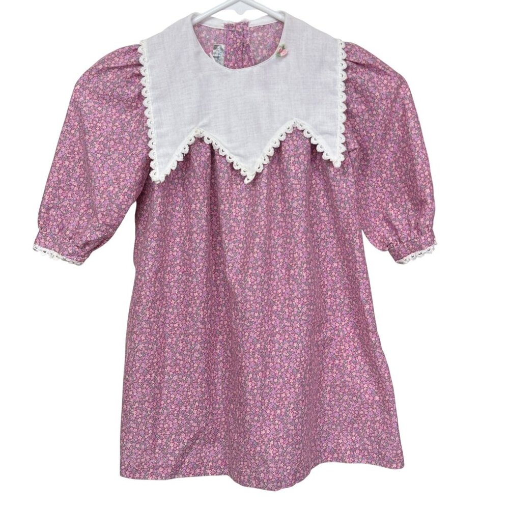 Sarah Louise Girls Dress Size 5 Purple Floral w/Puff Sleeves Lace Collar Vintage